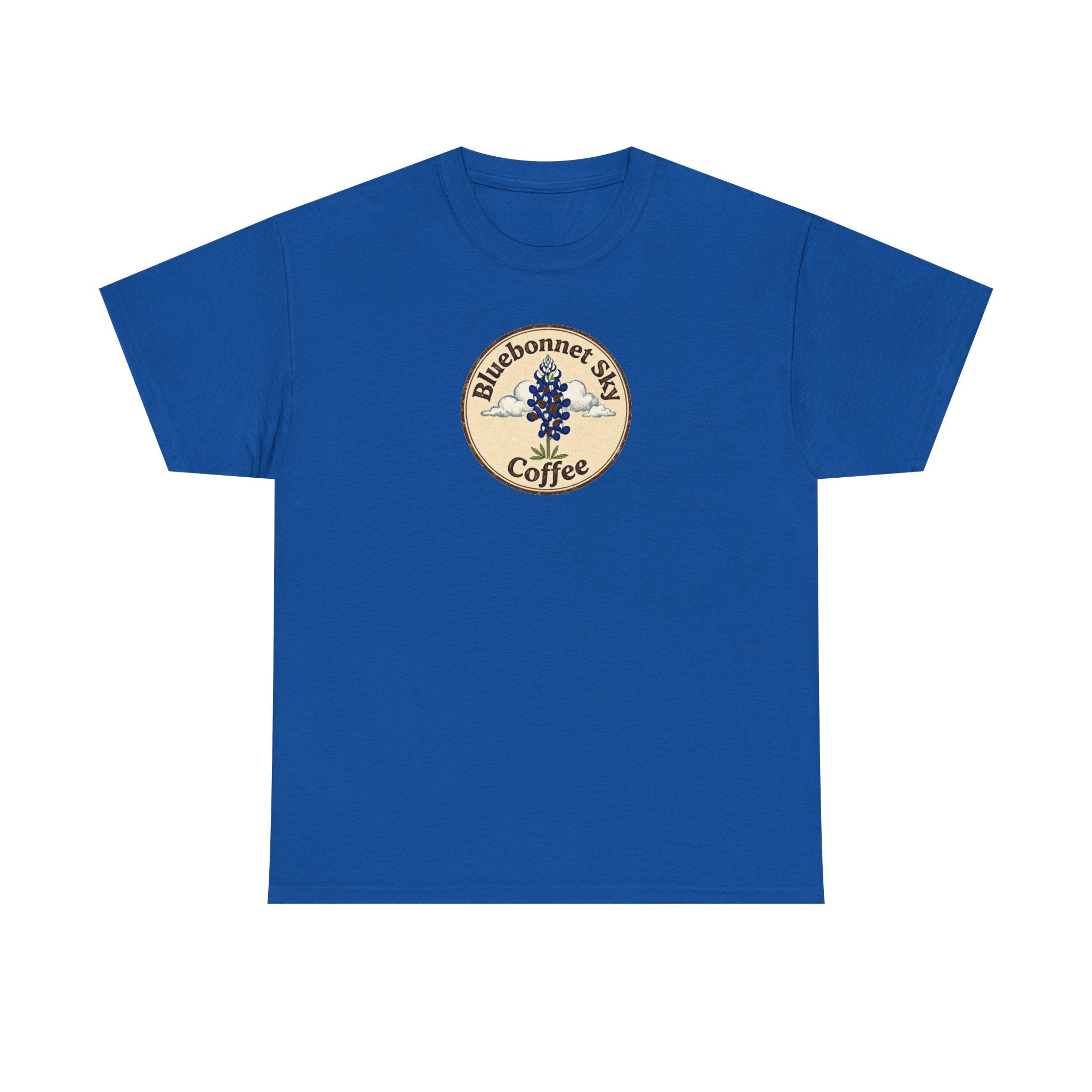 Rancher's Rush Hour Dark Roast Tee-Retro Bluebonnet Sky Coffee Graphic Tee-Shirt