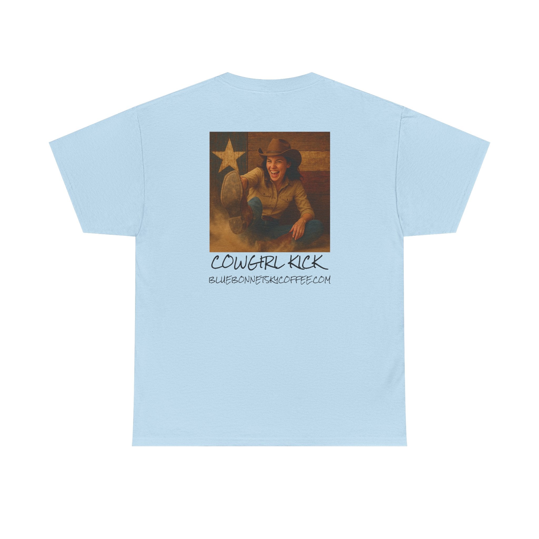 Cowgirl Kick Single Origin Tee — Retro Bluebonnet Sky Coffee Graphic T‑Shirt