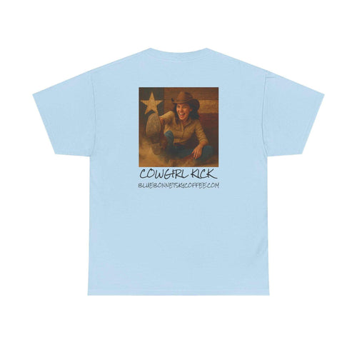 Cowgirl Kick Single Origin Tee in sand-tone with vintage cowgirl kick and Bluebonnet Sky Coffee badge graphic