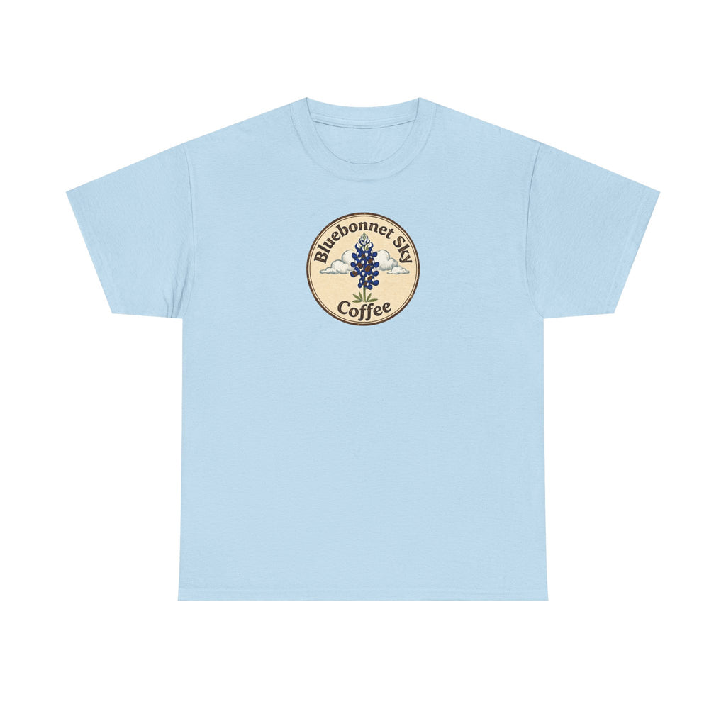 Cowgirl Kick Single Origin Tee — Retro Bluebonnet Sky Coffee Graphic T‑Shirt