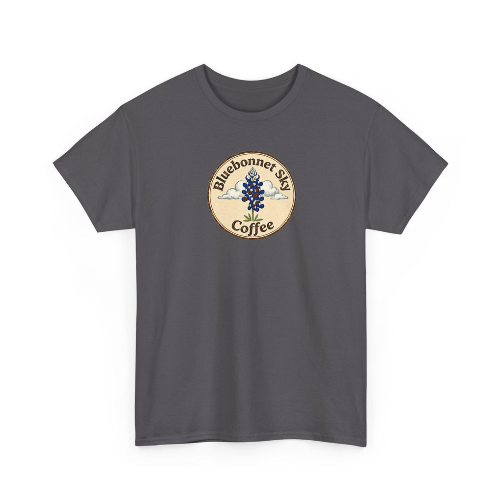 Rancher's Rush Hour Dark Roast Tee-Retro Bluebonnet Sky Coffee Graphic Tee-Shirt