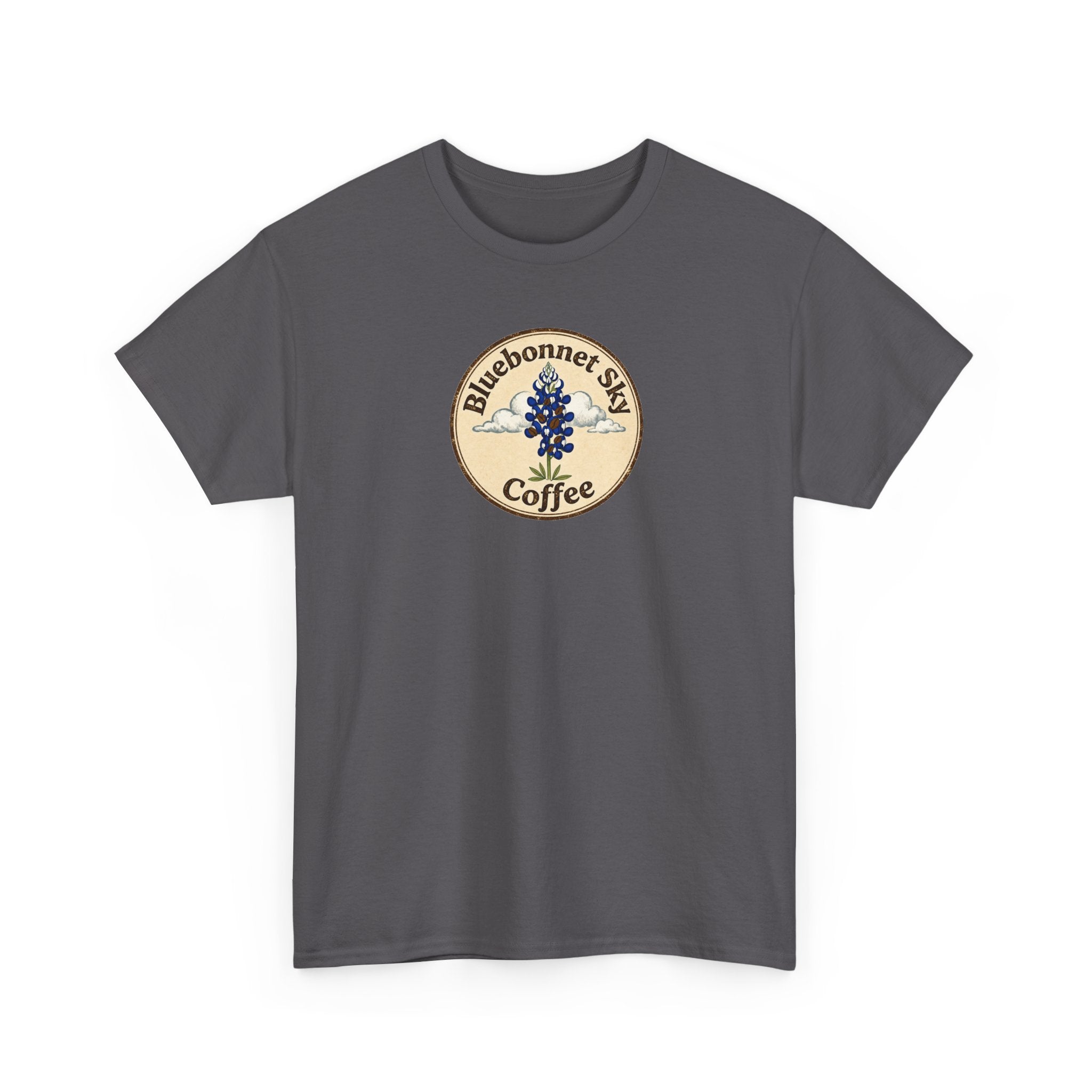 Rancher's Rush Hour Dark Roast Tee-Retro Bluebonnet Sky Coffee Graphic Tee-Shirt