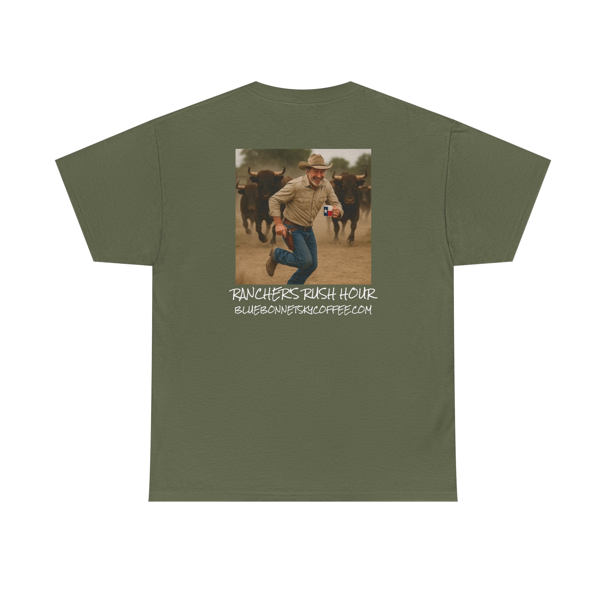 Rancher's Rush Hour Dark Roast Tee-Retro Bluebonnet Sky Coffee Graphic Tee-Shirt