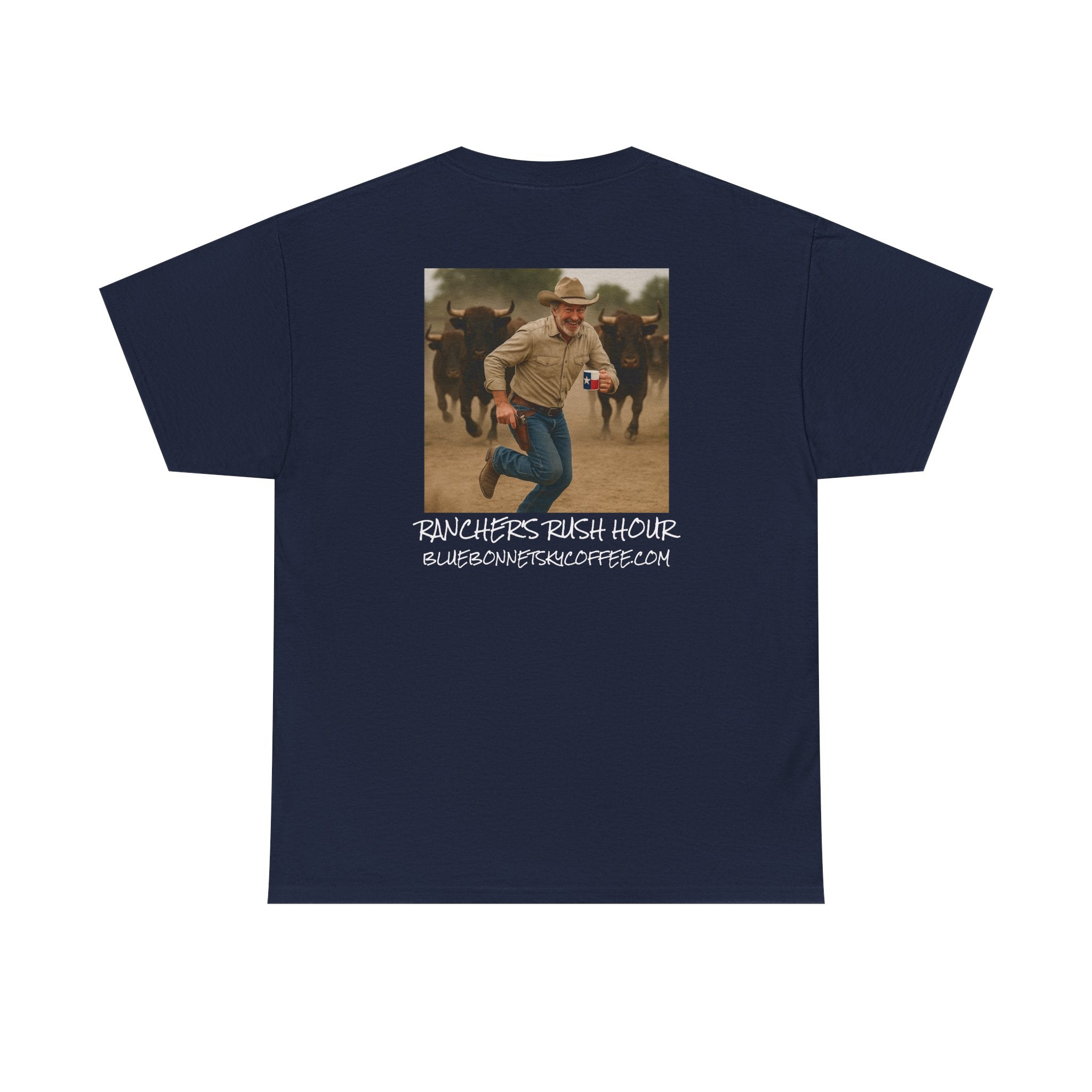 Rancher's Rush Hour Dark Roast Tee-Retro Bluebonnet Sky Coffee Graphic Tee-Shirt