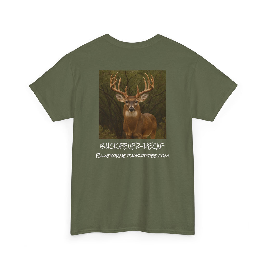 Buck Fever Decaf Coffee Tee-Retro Bluebonnet Sky Coffee Graphic T-Shirt