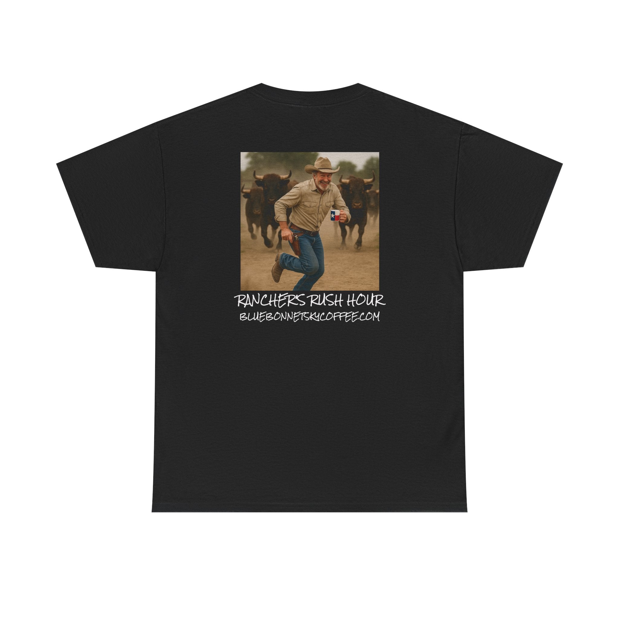 Rancher's Rush Hour Dark Roast Tee-Retro Bluebonnet Sky Coffee Graphic Tee-Shirt