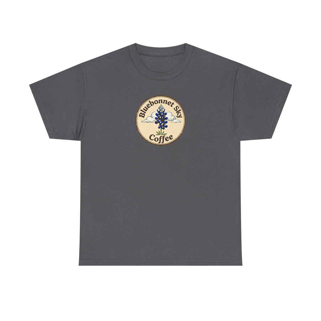 Rancher's Rush Hour Dark Roast Tee-Retro Bluebonnet Sky Coffee Graphic Tee-Shirt