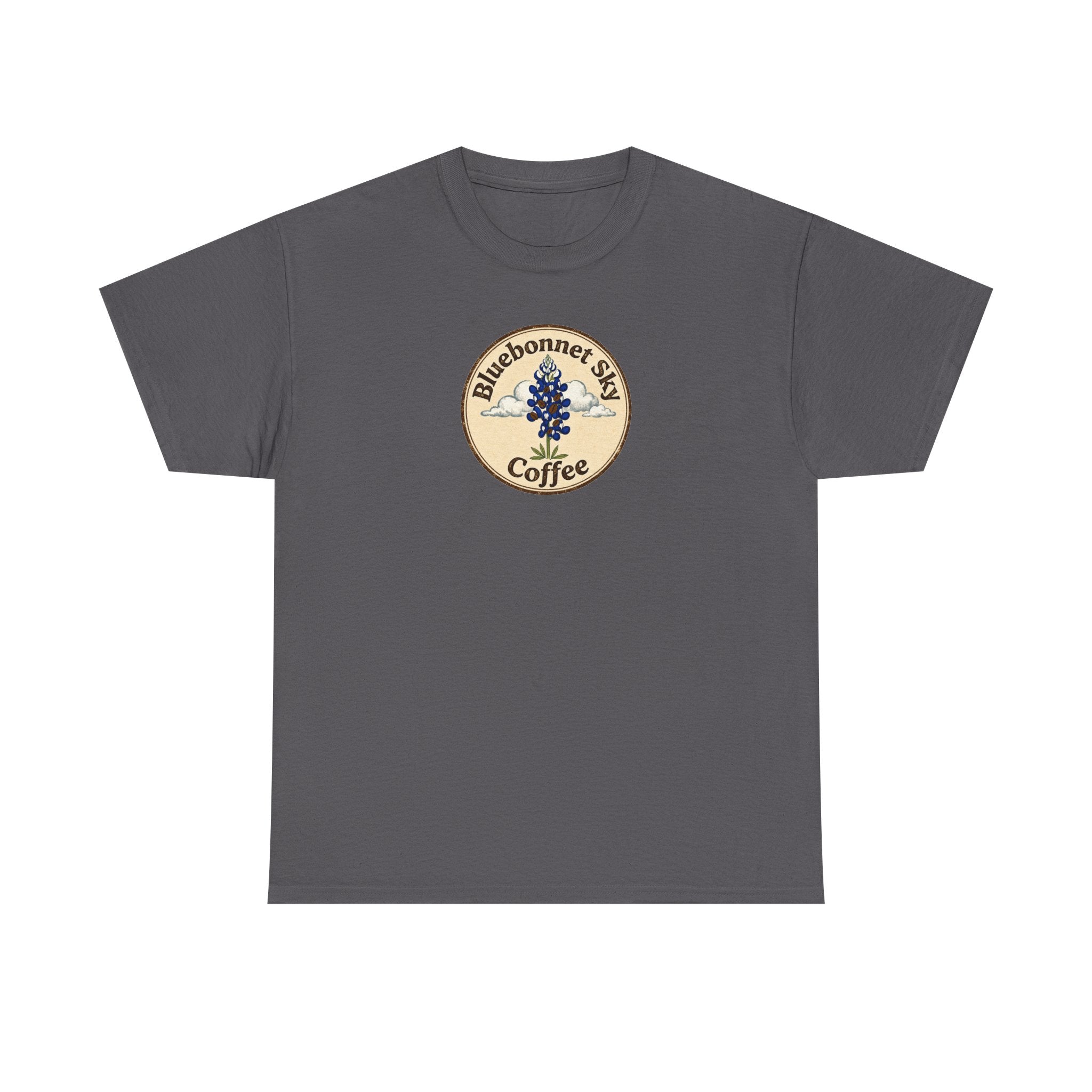 Rancher's Rush Hour Dark Roast Tee-Retro Bluebonnet Sky Coffee Graphic Tee-Shirt