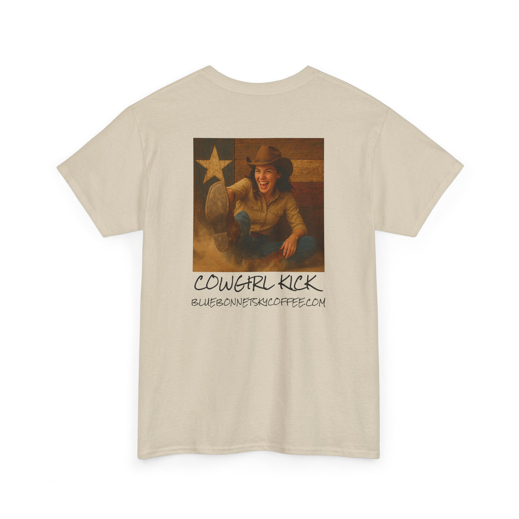 Cowgirl Kick Single Origin Tee — Retro Bluebonnet Sky Coffee Graphic T‑Shirt