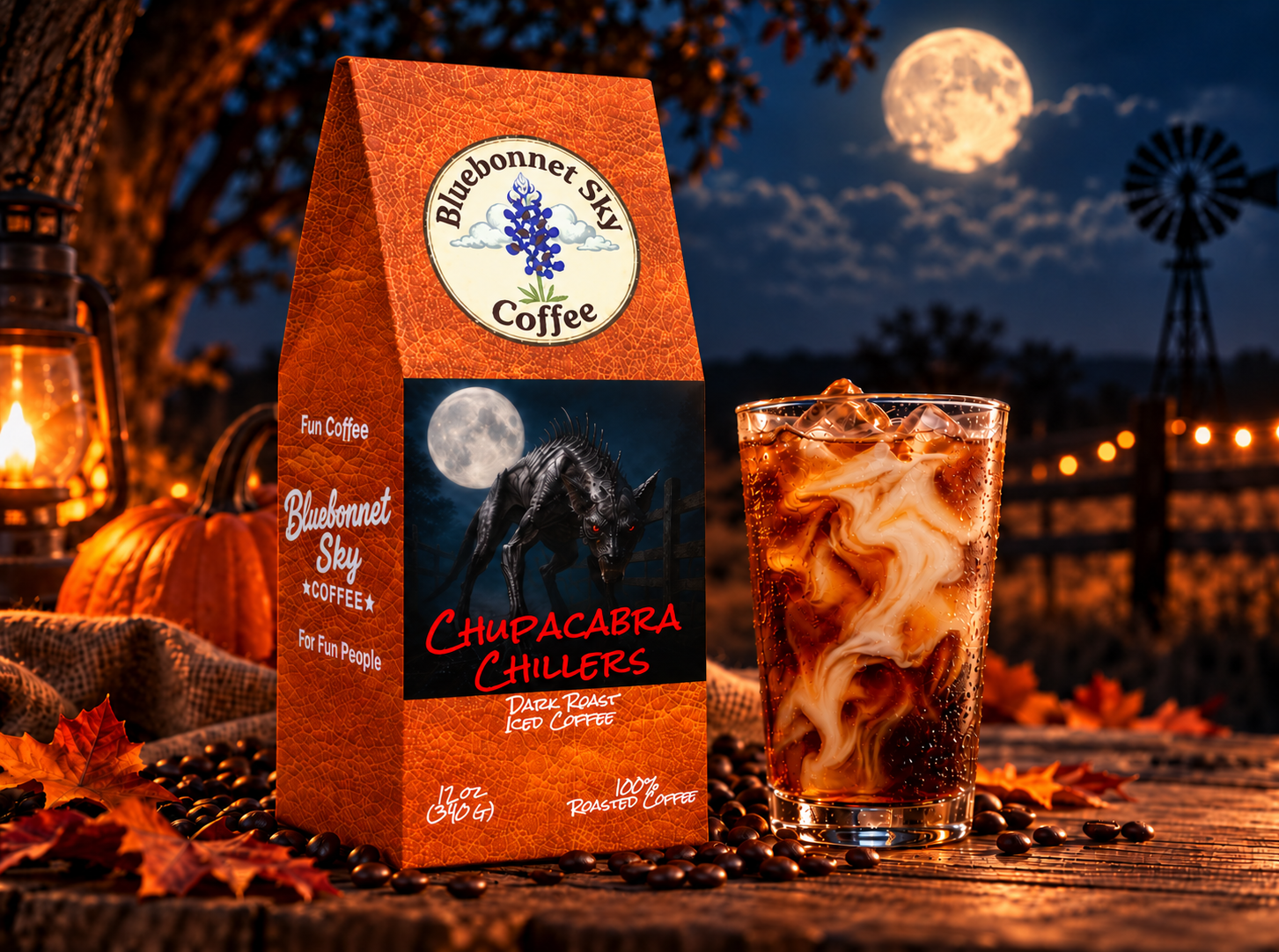 Bluebonnet Sky Coffee Chupacabra Chillers corrected bag with creamy iced coffee in a moonlit Texas autumn scene