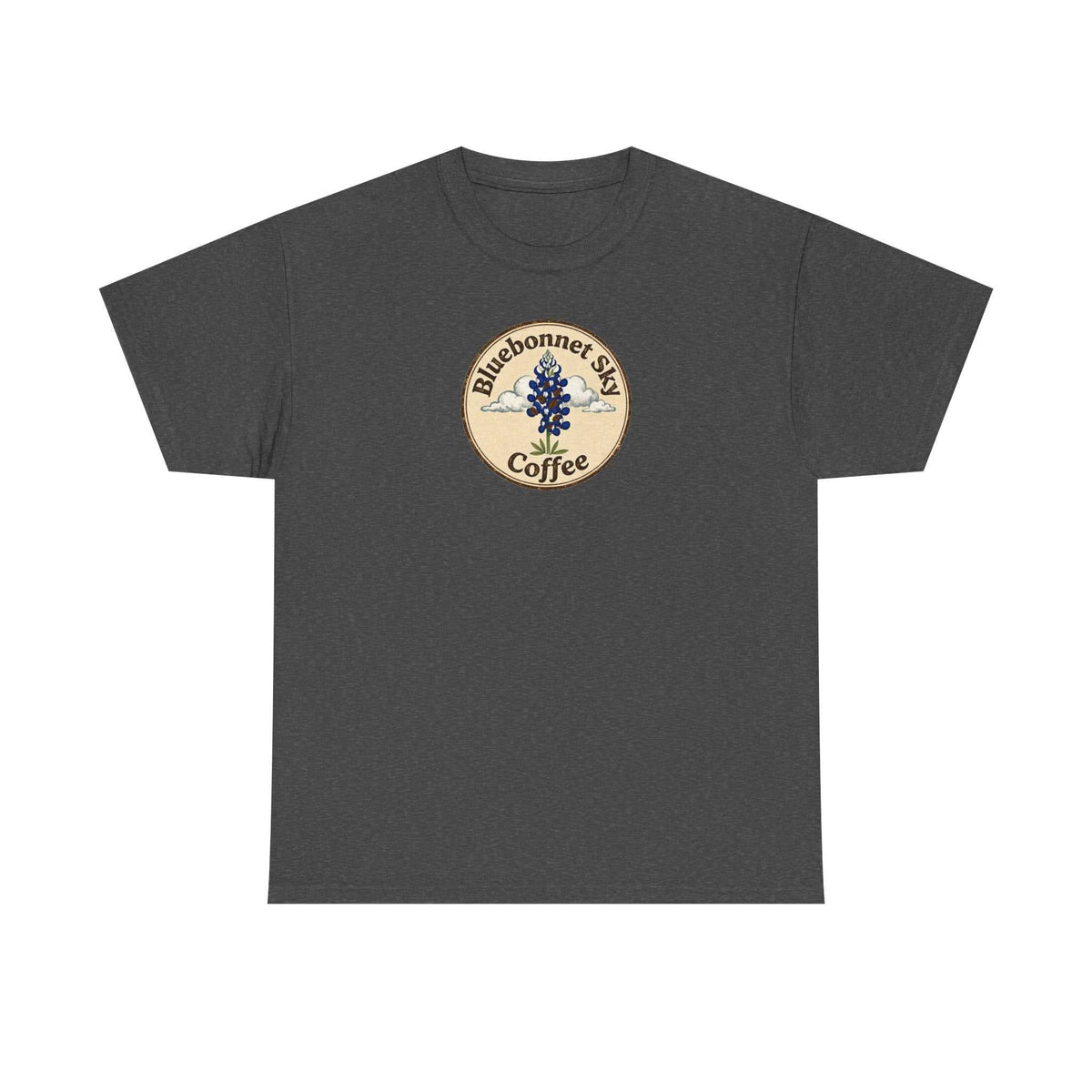 Buck Fever Decaf Coffee blue t-shirt with buck and coffee graphic
