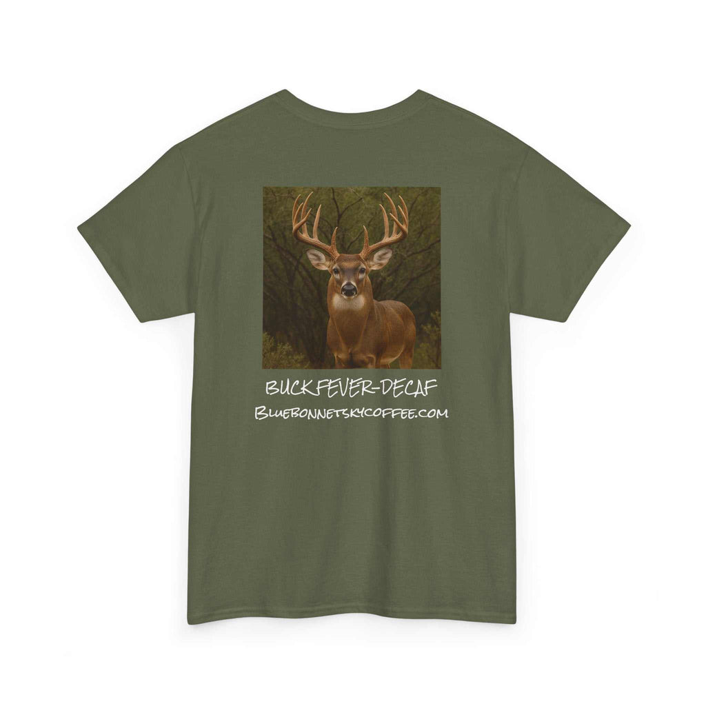 Buck Fever Decaf Coffee retro bluebonnet sky graphic t-shirt