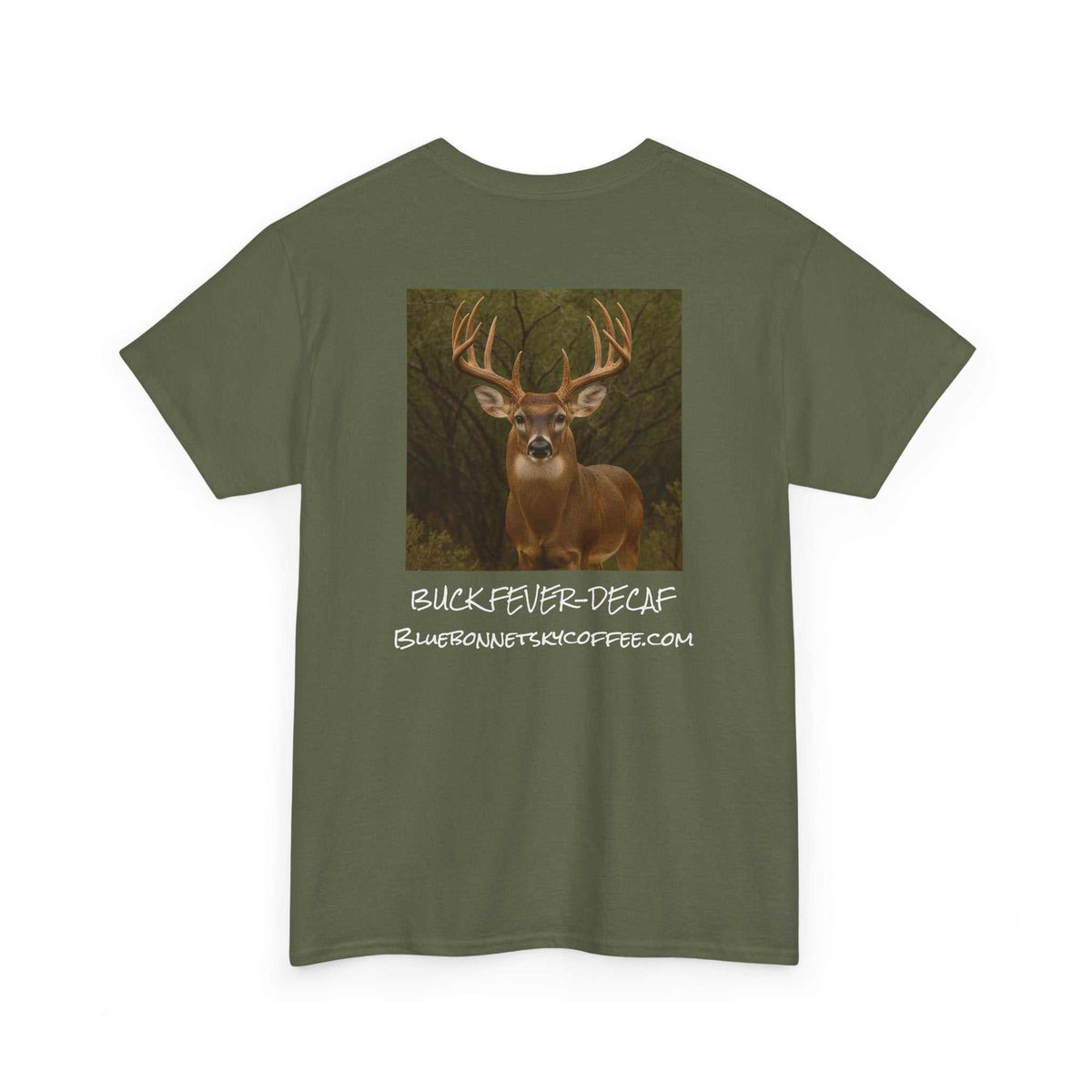 Buck Fever Decaf Coffee retro bluebonnet sky graphic t-shirt