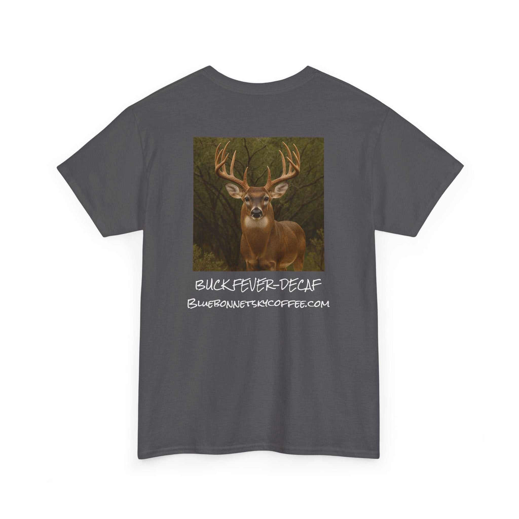 Buck Fever Decaf Coffee retro blue t-shirt with buck and coffee graphic