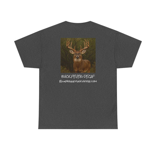 Buck Fever Decaf Coffee retro bluebonnet sky graphic t-shirt