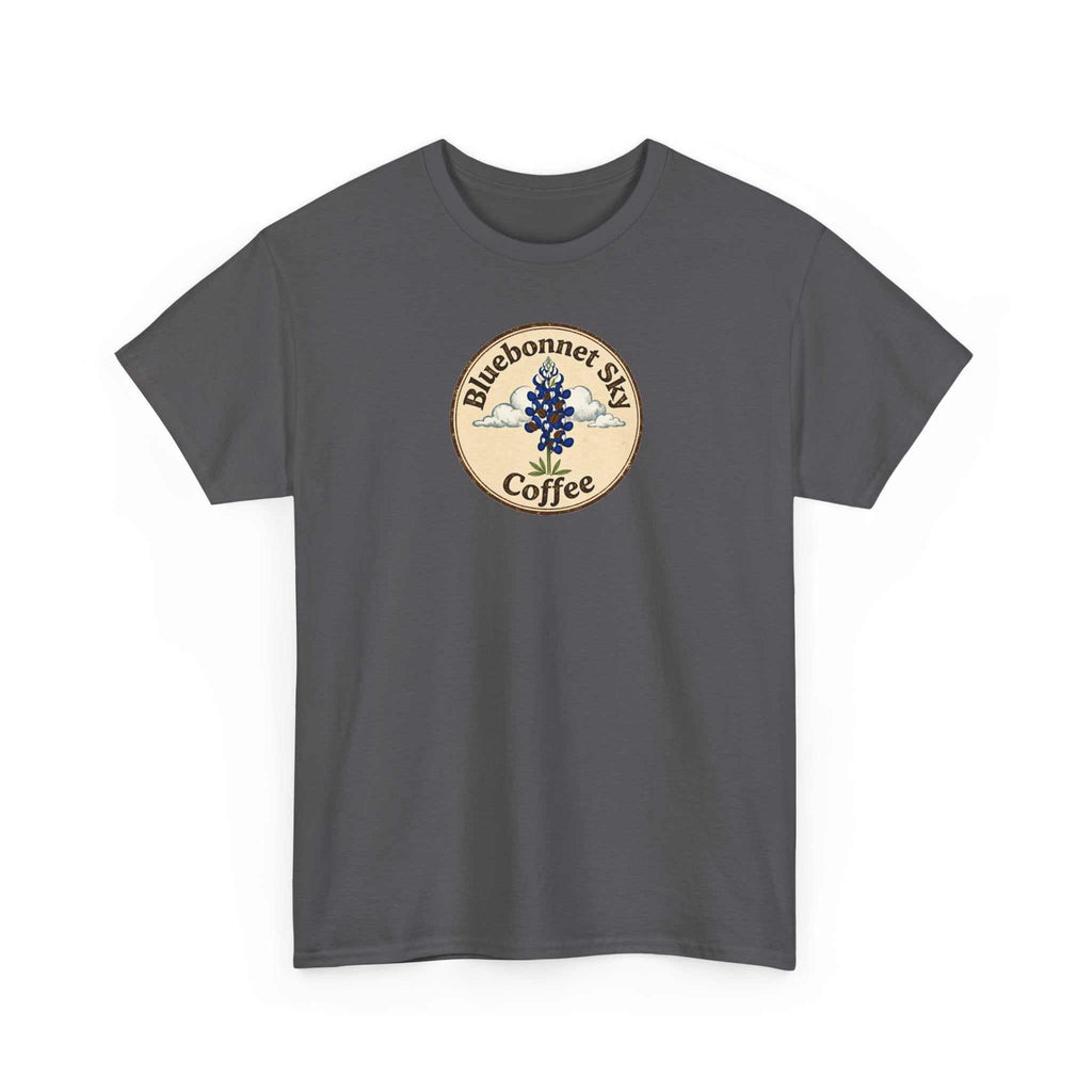 Buck Fever Decaf Coffee retro graphic t-shirt with buck and bluebonnet sky design