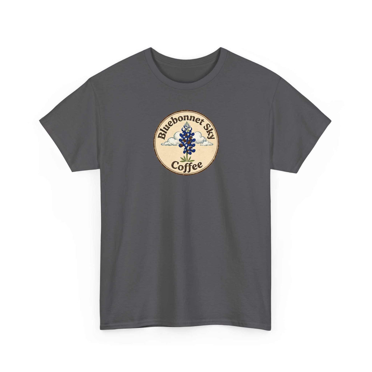 Buck Fever Decaf Coffee retro graphic t-shirt with buck and bluebonnet sky design