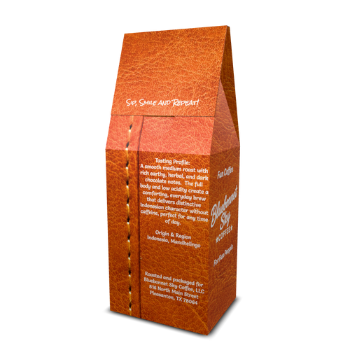 Buck Fever Decaf Indonesian medium roast coffee with rich earthy and dark chocolate notes