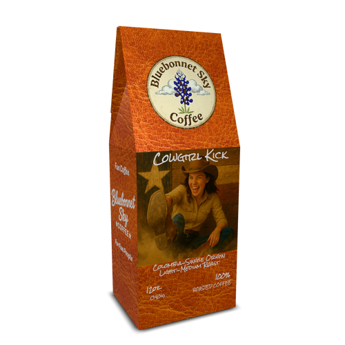 Cowgirl Kick Colombian single origin coffee with cherry and chocolate notes in a light-medium roast