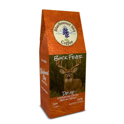 Buck Fever Decaf Indonesian medium roast coffee with earthy and dark chocolate notes