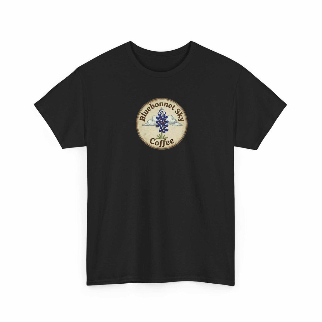 Ranch Dog Blend Tee with vintage Bluebonnet Sky Coffee graphic and ranch dog image on back in retro style