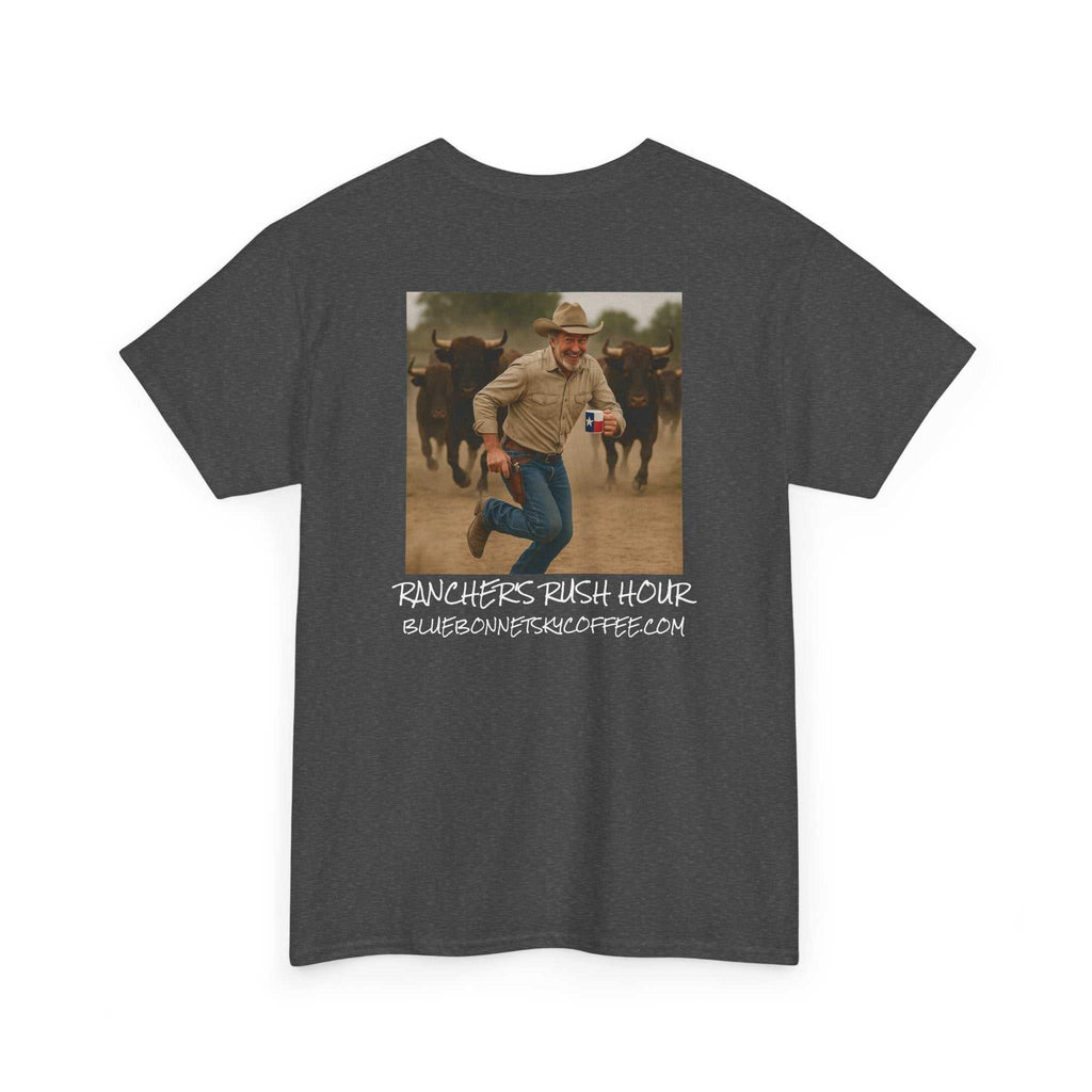 Rancher's Rush Hour dark roast tee with vintage Bluebonnet Sky coffee graphic