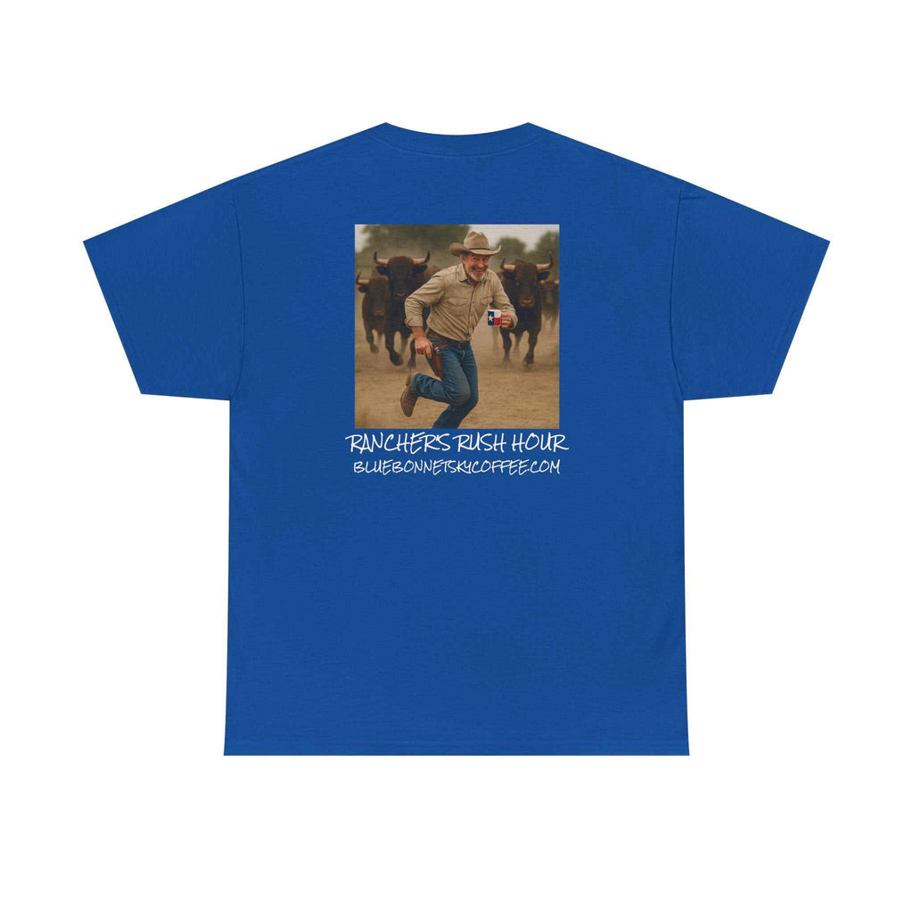 Rancher's Rush Hour dark roast tee with vintage bluebonnet sky coffee patch and rancher graphic