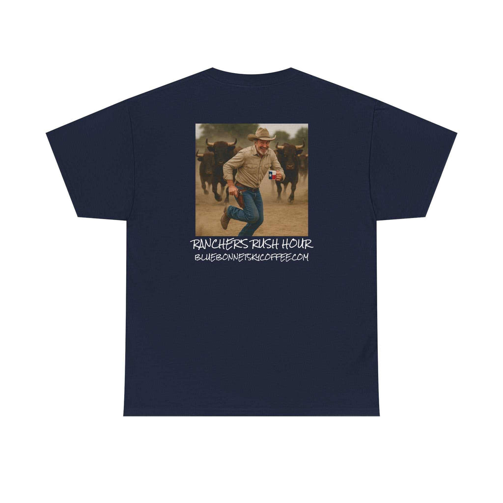 Rancher's Rush Hour dark roast tee with vintage Bluebonnet Sky coffee graphic