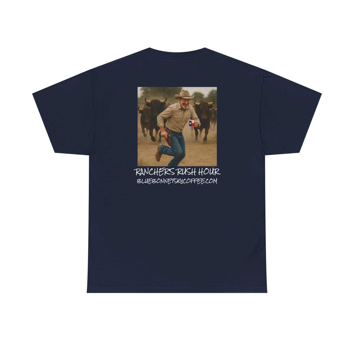 Rancher's Rush Hour dark roast tee with vintage Bluebonnet Sky coffee graphic