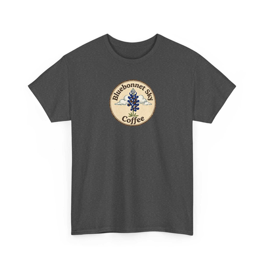 Rancher's Rush Hour dark roast tee with retro Bluebonnet Sky coffee graphic