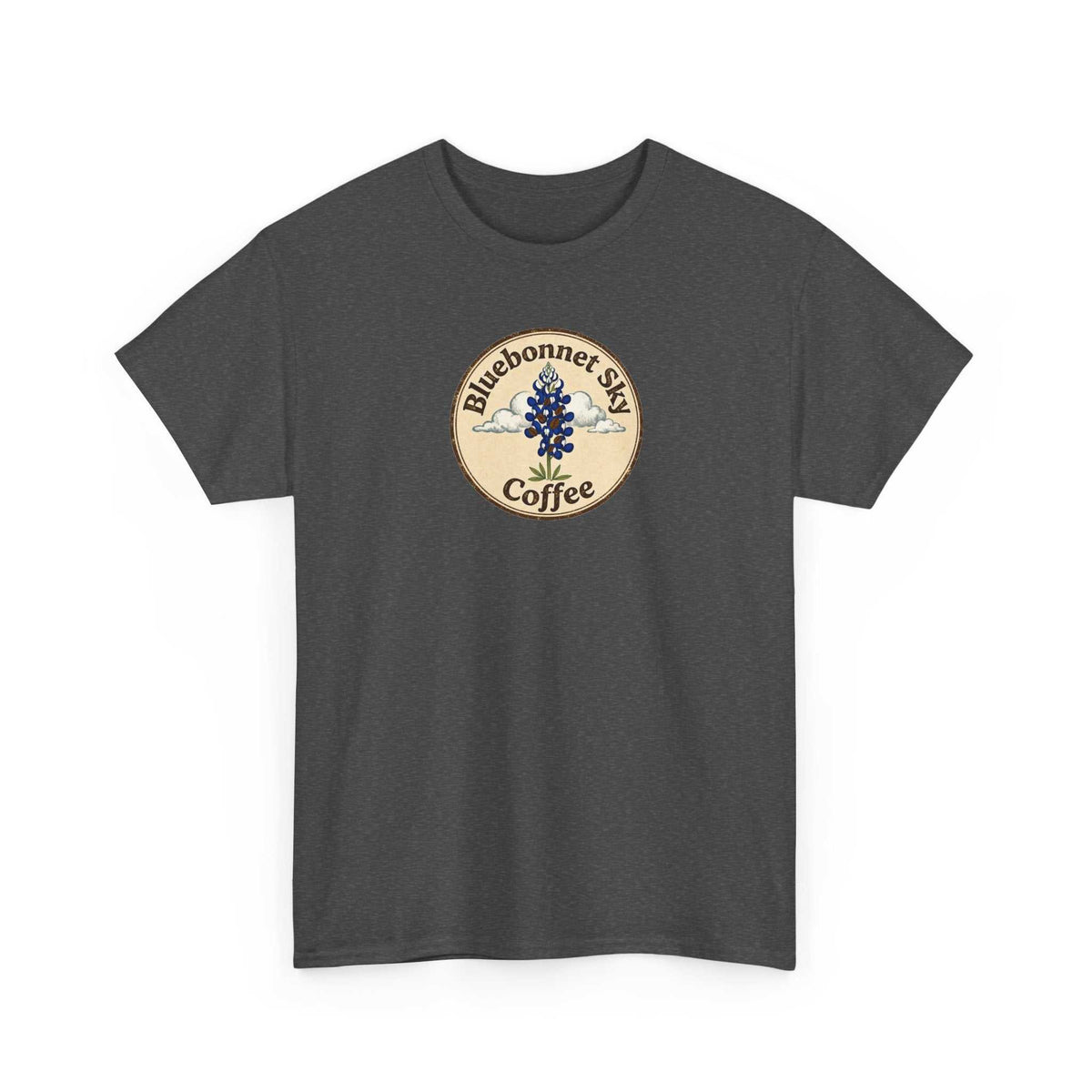 Rancher's Rush Hour dark roast tee with retro Bluebonnet Sky coffee graphic