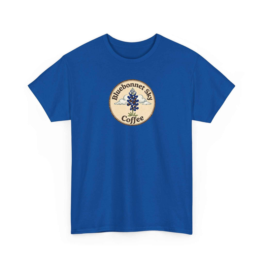 Rancher's Rush Hour dark roast tee with retro bluebonnet sky coffee graphic