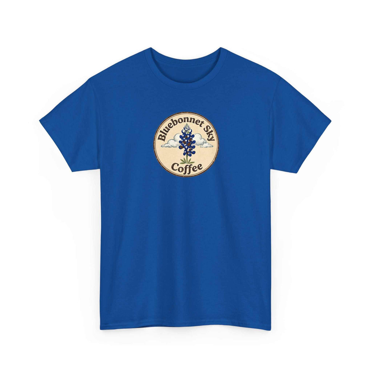 Rancher's Rush Hour dark roast tee with retro bluebonnet sky coffee graphic