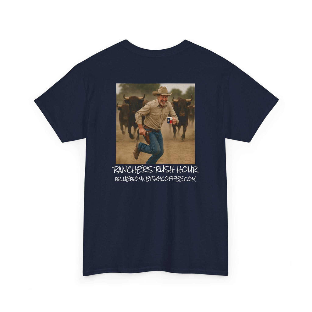 Rancher's Rush Hour dark roast tee with retro Bluebonnet Sky coffee graphic