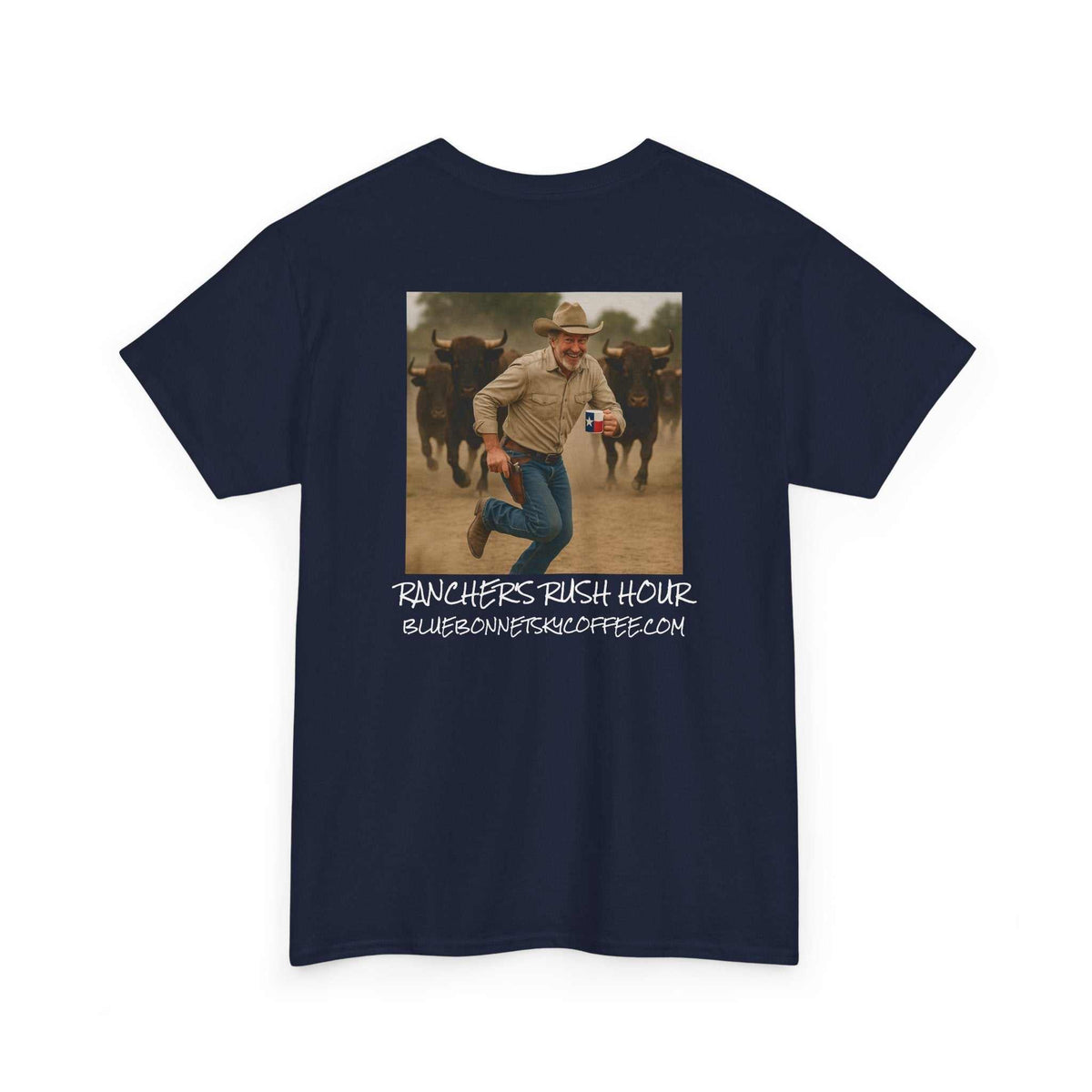 Rancher's Rush Hour dark roast tee with retro Bluebonnet Sky coffee graphic
