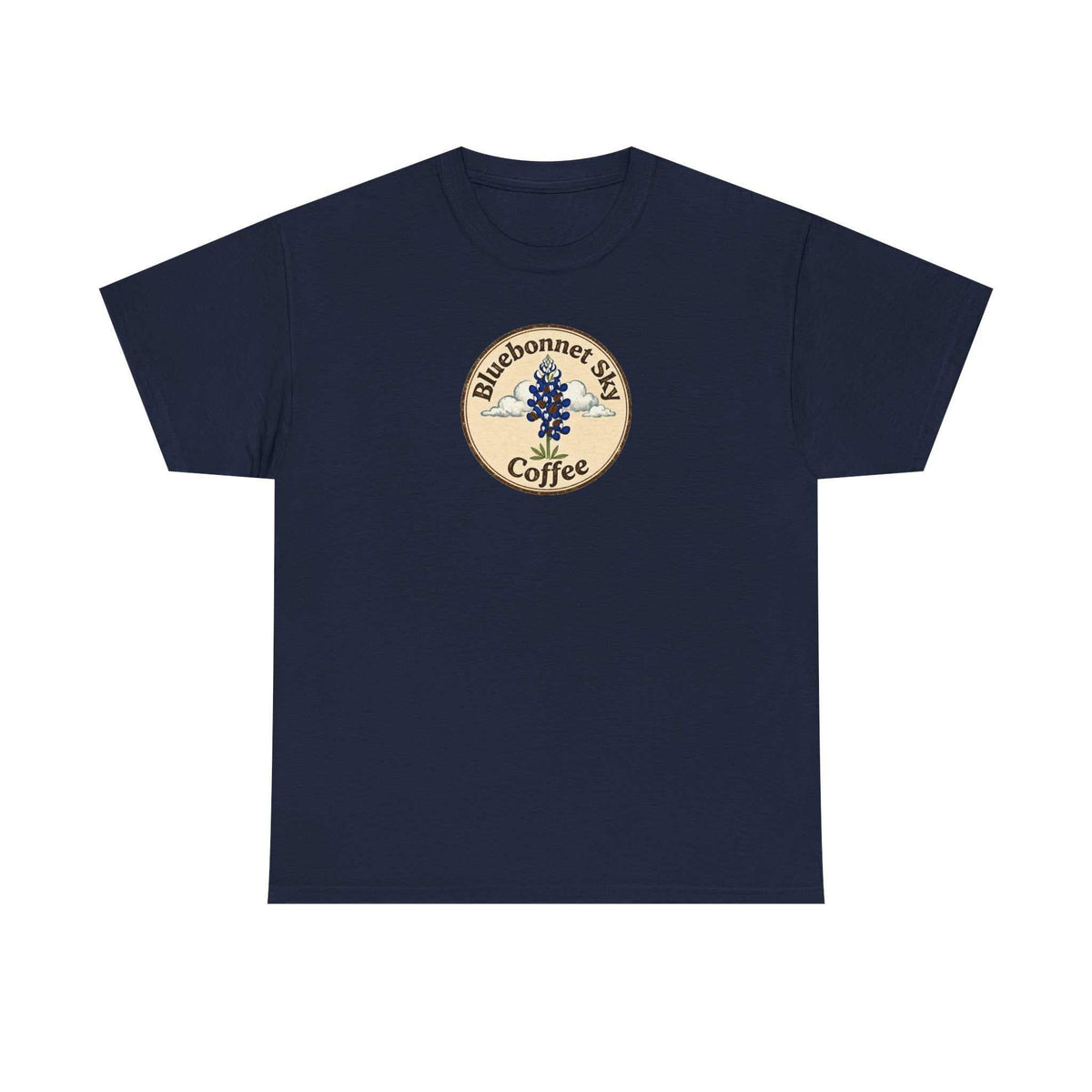 Rancher's Rush Hour dark roast tee with retro bluebonnet sky coffee graphic