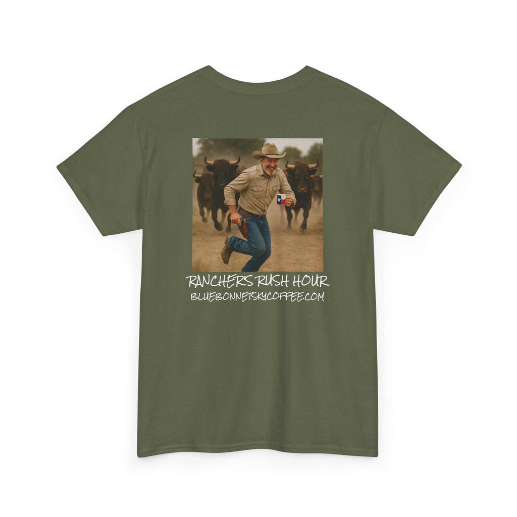 Rancher's Rush Hour dark roast tee with retro Bluebonnet Sky coffee graphic
