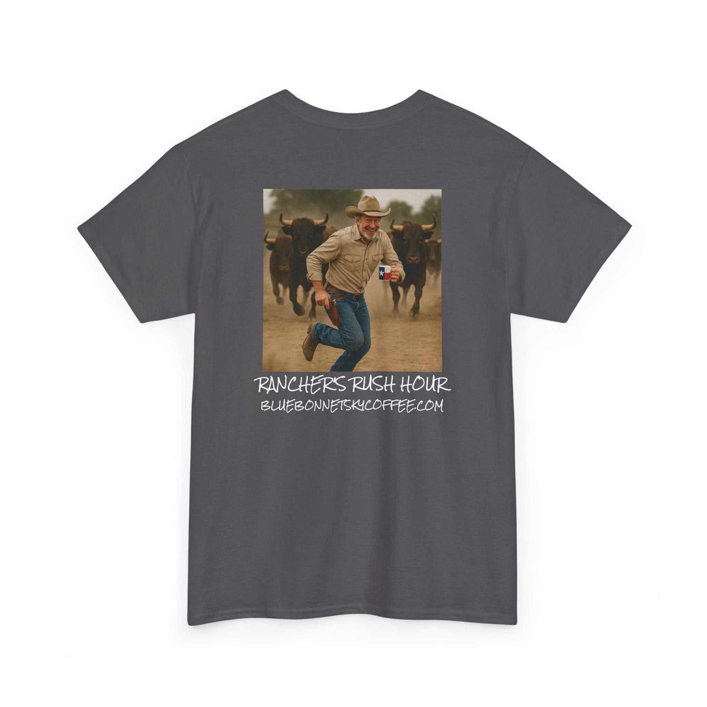 Rancher's Rush Hour dark roast tee with vintage bluebonnet coffee graphic