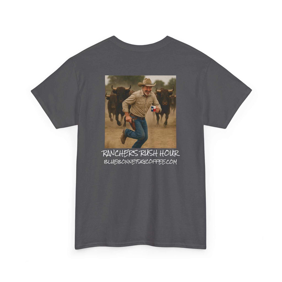 Rancher's Rush Hour dark roast tee with vintage bluebonnet coffee graphic