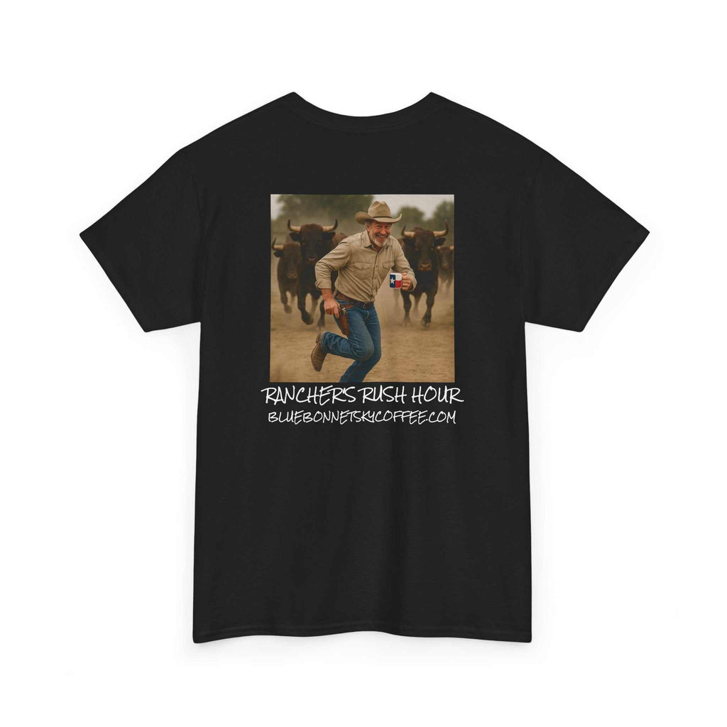 Rancher's Rush Hour dark roast tee with vintage bluebonnet coffee graphic
