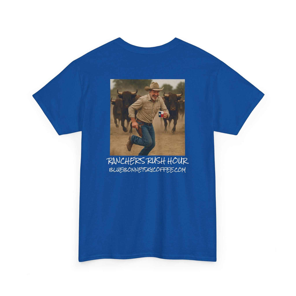 Rancher's Rush Hour dark roast tee with vintage Bluebonnet Sky coffee patch and rancher graphic