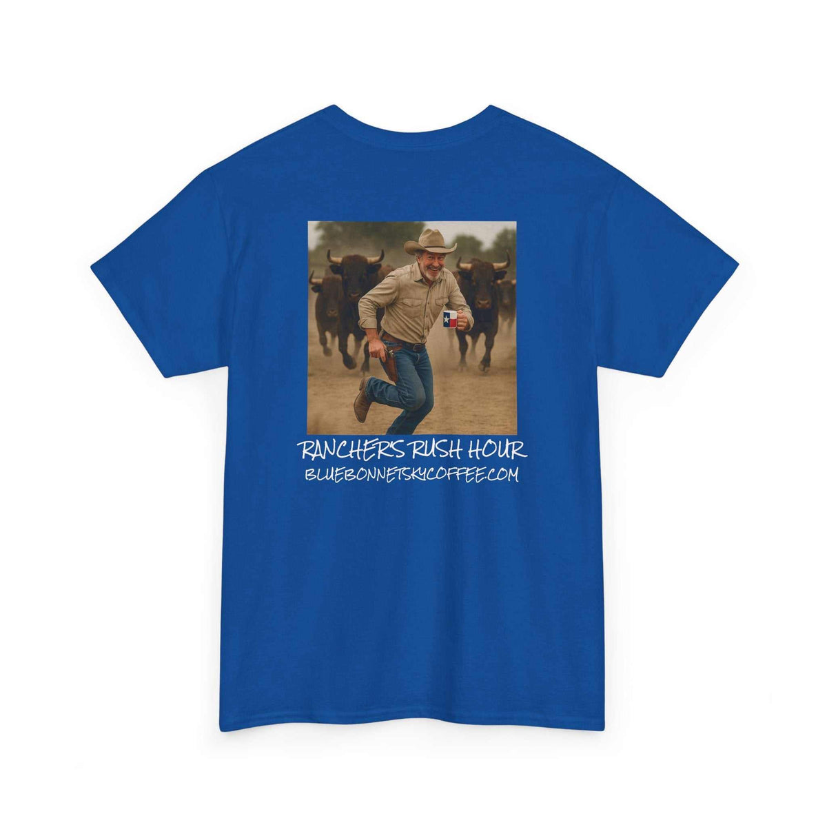 Rancher's Rush Hour dark roast tee with vintage Bluebonnet Sky coffee patch and rancher graphic