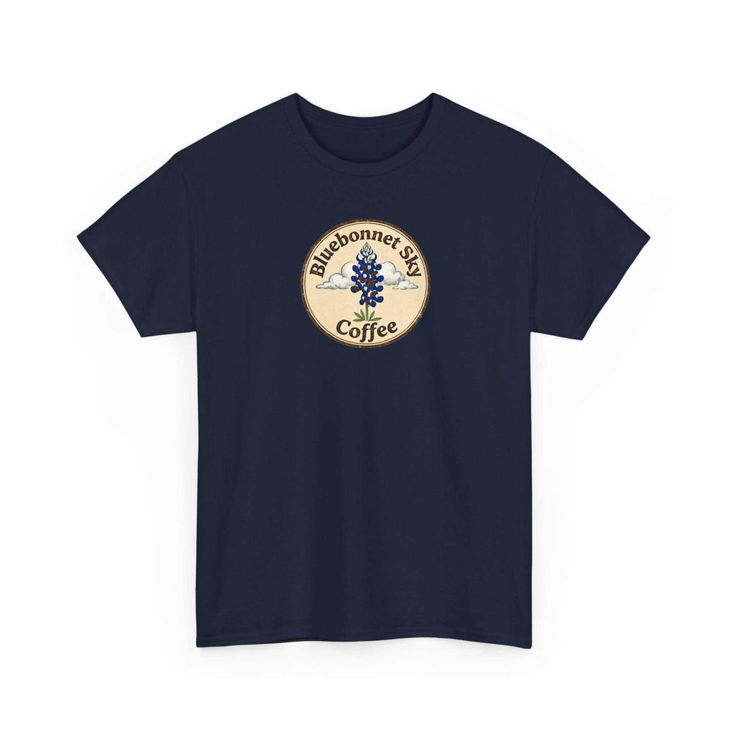Rancher's Rush Hour dark roast tee with retro Bluebonnet Sky coffee graphics