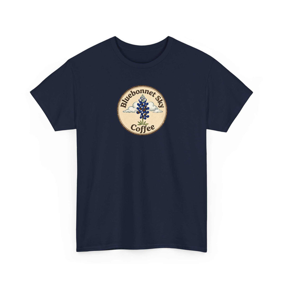 Rancher's Rush Hour dark roast tee with retro Bluebonnet Sky coffee graphics