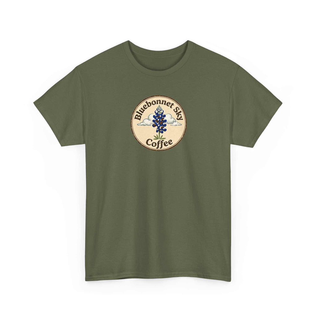 Rancher's Rush Hour dark roast tee with vintage bluebonnet sky coffee graphic