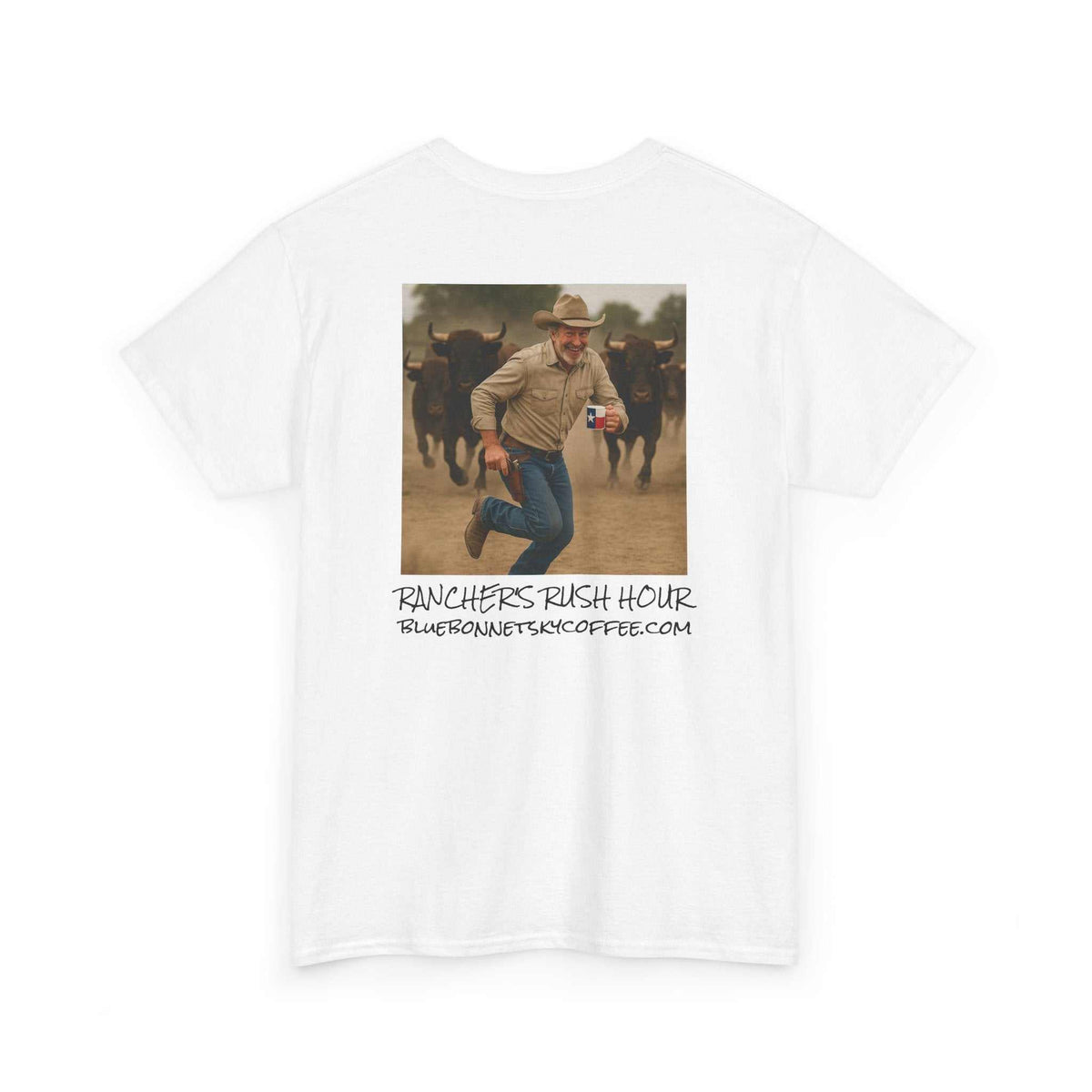 Rancher's Rush Hour dark roast tee with vintage bluebonnet sky coffee graphic
