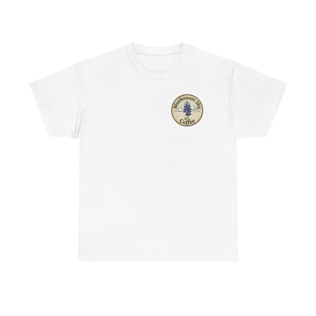 Rancher's Rush Hour dark roast tee with vintage bluebonnet coffee graphic