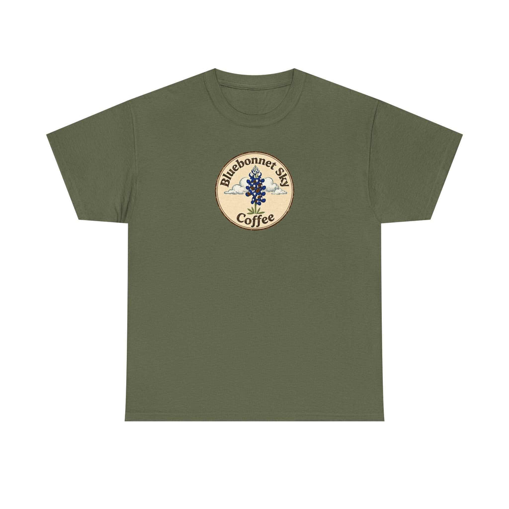 Rancher's Rush Hour dark roast tee with retro bluebonnet sky coffee graphic