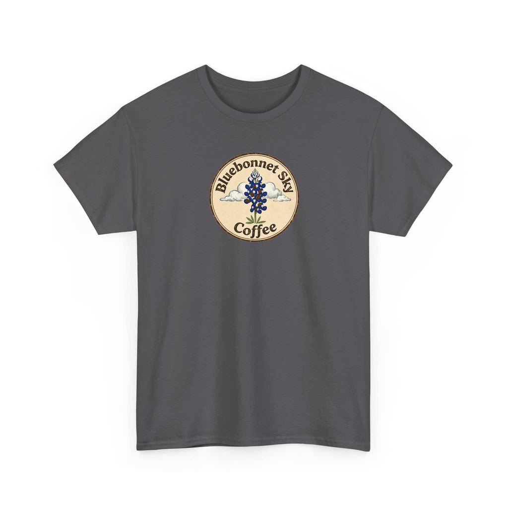 Rancher's Rush Hour dark roast tee with vintage bluebonnet coffee graphic