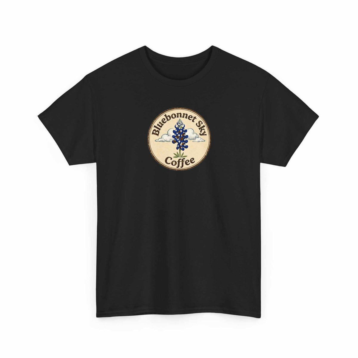 Rancher's Rush Hour dark roast tee with vintage bluebonnet sky coffee graphic